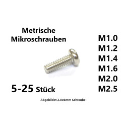 MS2 - Metric micro screws, silver, round head, Ø1.0-2.5mm, 5 or 25 pcs